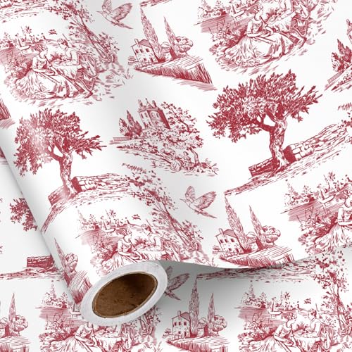 RUSPEPA Toile Christmas Wrapping Paper Roll, Mini Roll, Red and White Olive Tree and Holiday Landscape Design, Vintage Style Gift Wrap for Christmasn Party, Winter Wedding, 17 Inches x 16.4 Feet