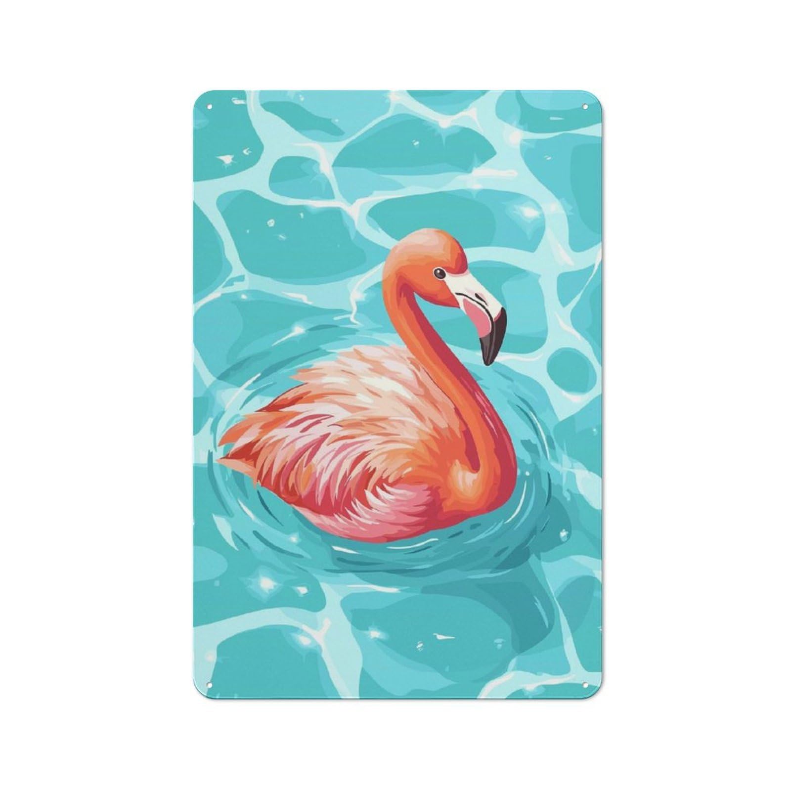 Junmoney Style-21 Flamingo In Blue Water Illustration Retro Metal Wall Decor 30X20cm, Decorative Tin Plaque For Bar, Kitchen, Garage Or Games Room