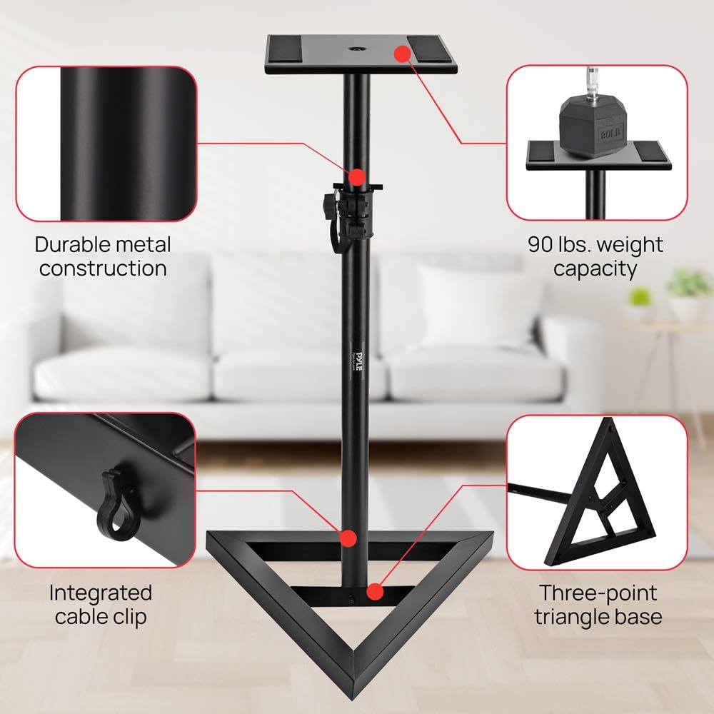 Pyle Supporto per altoparlanti, regolabile in altezza 66-132 cm, supporto universale per altoparlanti, base triangolare stabile, picchetti da pavimento, supporto per monitor da studio, portata 40 kg