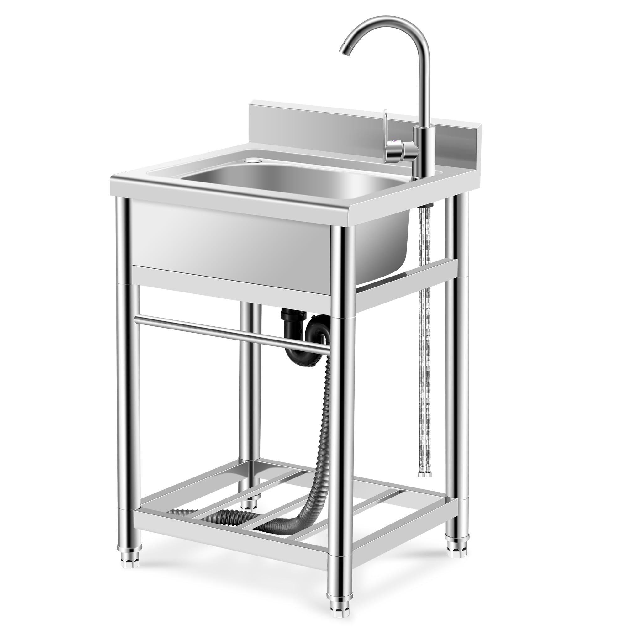 Stainless Steel Kitchen Sink,Single Bowl Utility Sink with Storage Shelve & Towel Rack,Free Standing Sink with Cold & Hot Water Pipes,Utility Washing Hand Basin for Restaurant Garage Workshop Laundry