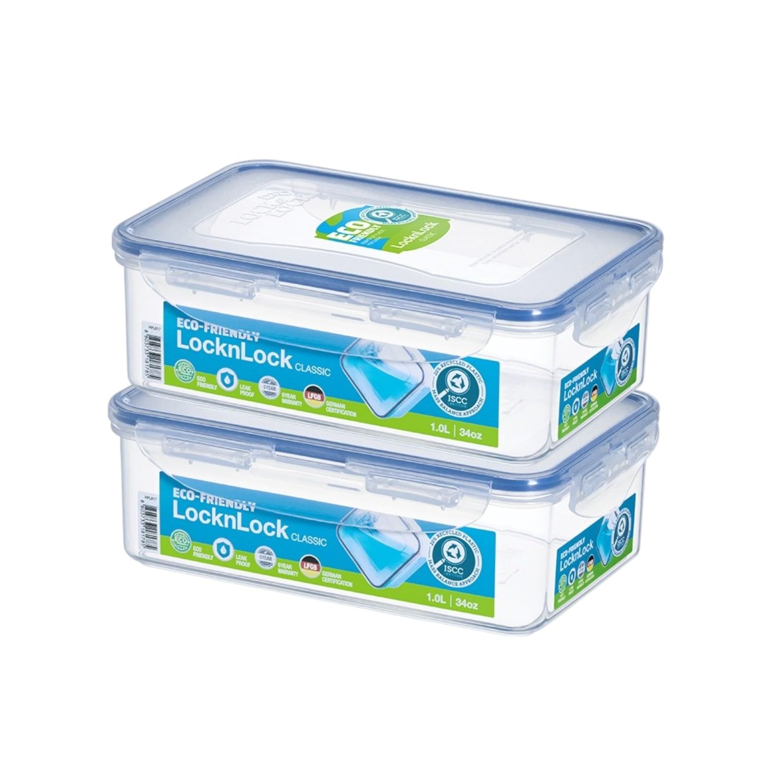 Lock & Lock Classic Rectangular Containers, Set of 2 Piece, 1 Liter HPL817SA2, Clear/Blue