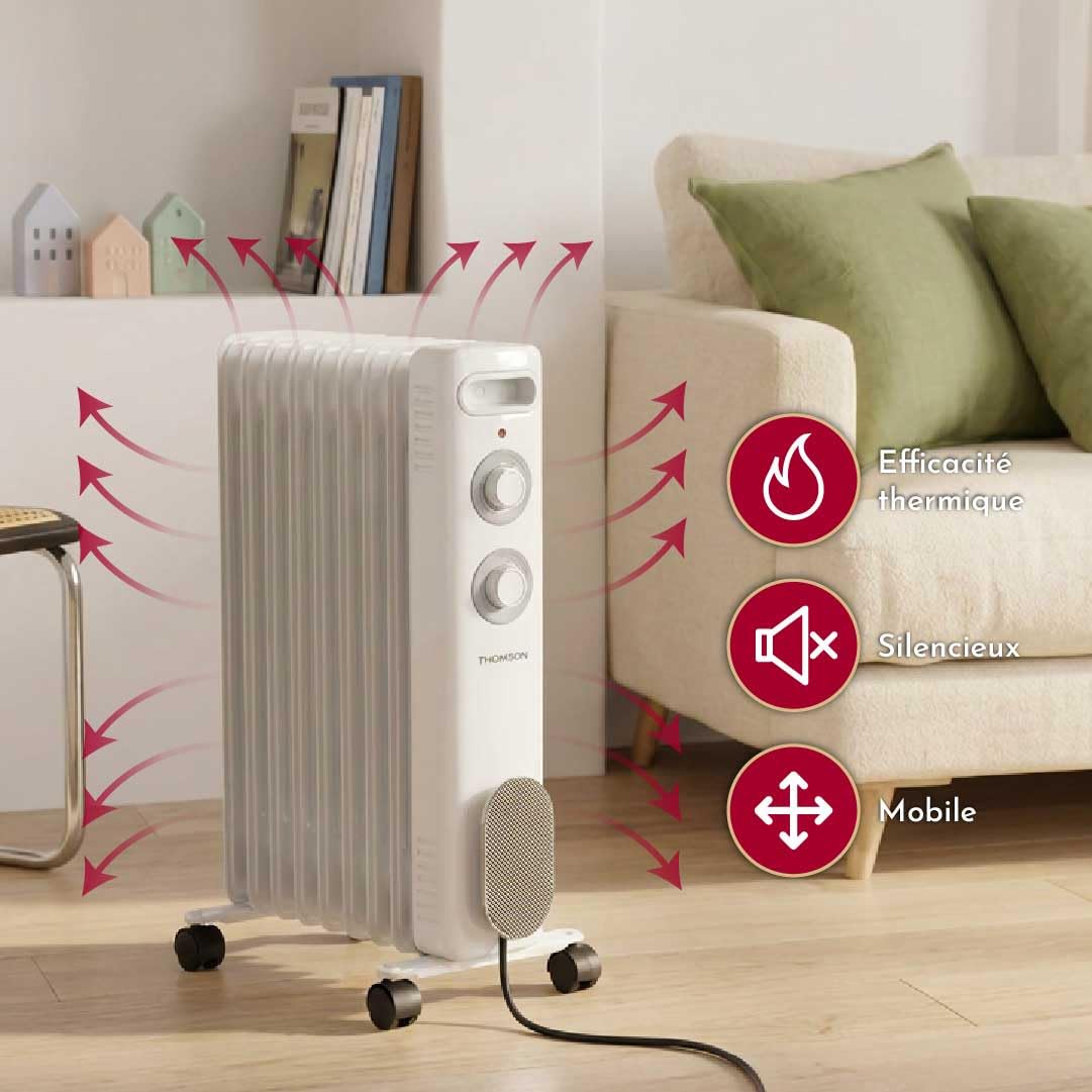 THOMSON - Radiateur mobile bain d'huile CALISTA 2000W blanc, protection contre le renversement et la surchauffe, avec thermostat réglable, silencieux, avec roulettes