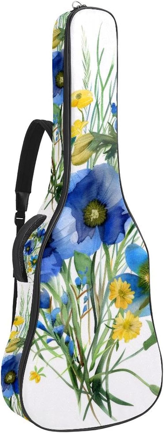 Acoustic Guitar Gig Bag 10mm Thick Padding, Soft Waterproof Guitar Case with Adjustable Backpack Straps for 40-42 Inch Guitar, Wildflowers Blue and Yellow Color