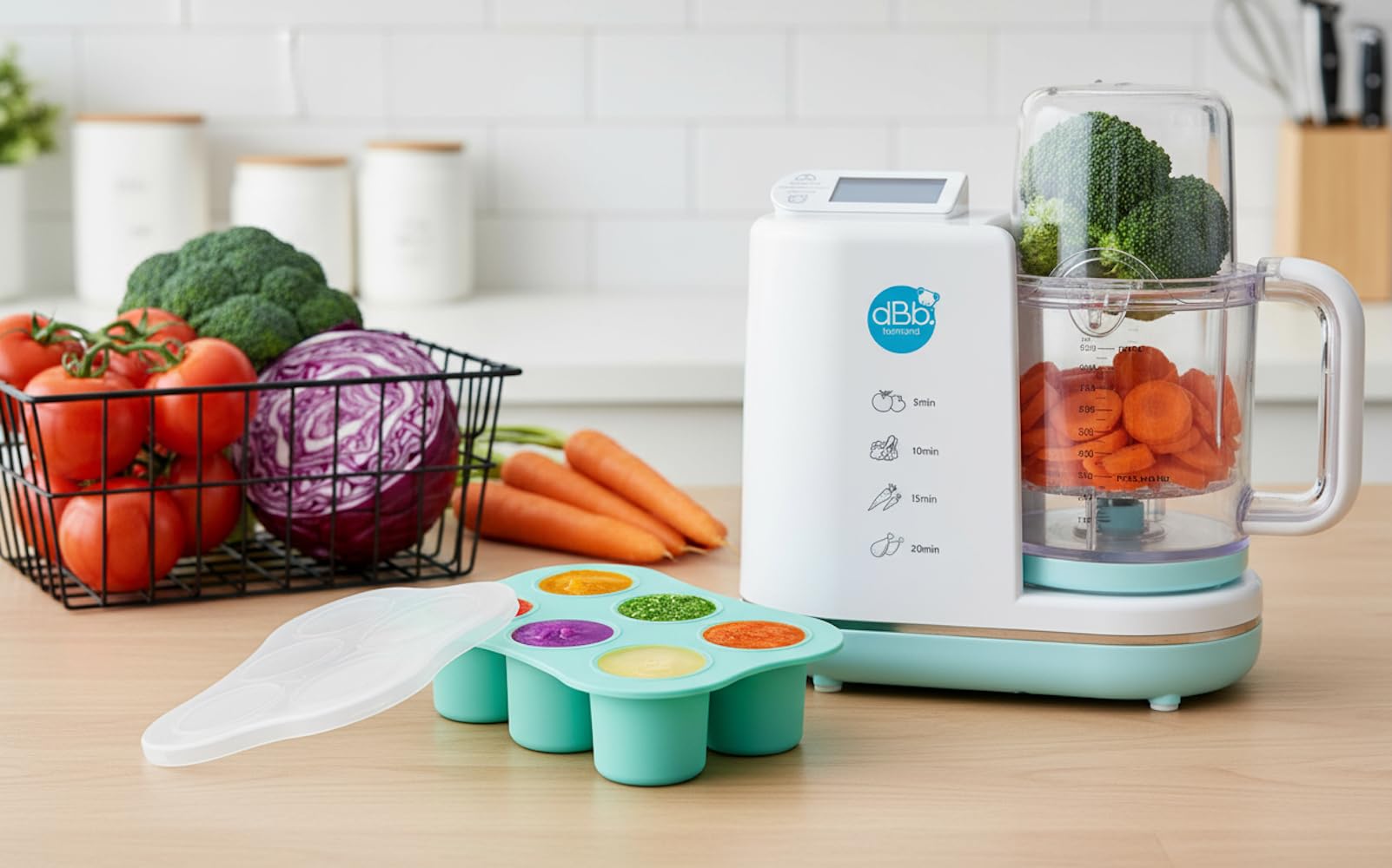 dBb Remond 6-in-1-Baby-Kochmaschine – Dampfgaren, Mixen, Zerkleinern, Sterilisieren, Erhitzen und Auftauen – Selbstreinigend – Gesunde und einfache Mahlzeiten – Kapazität 1000 ml – Weiß & Eisblau