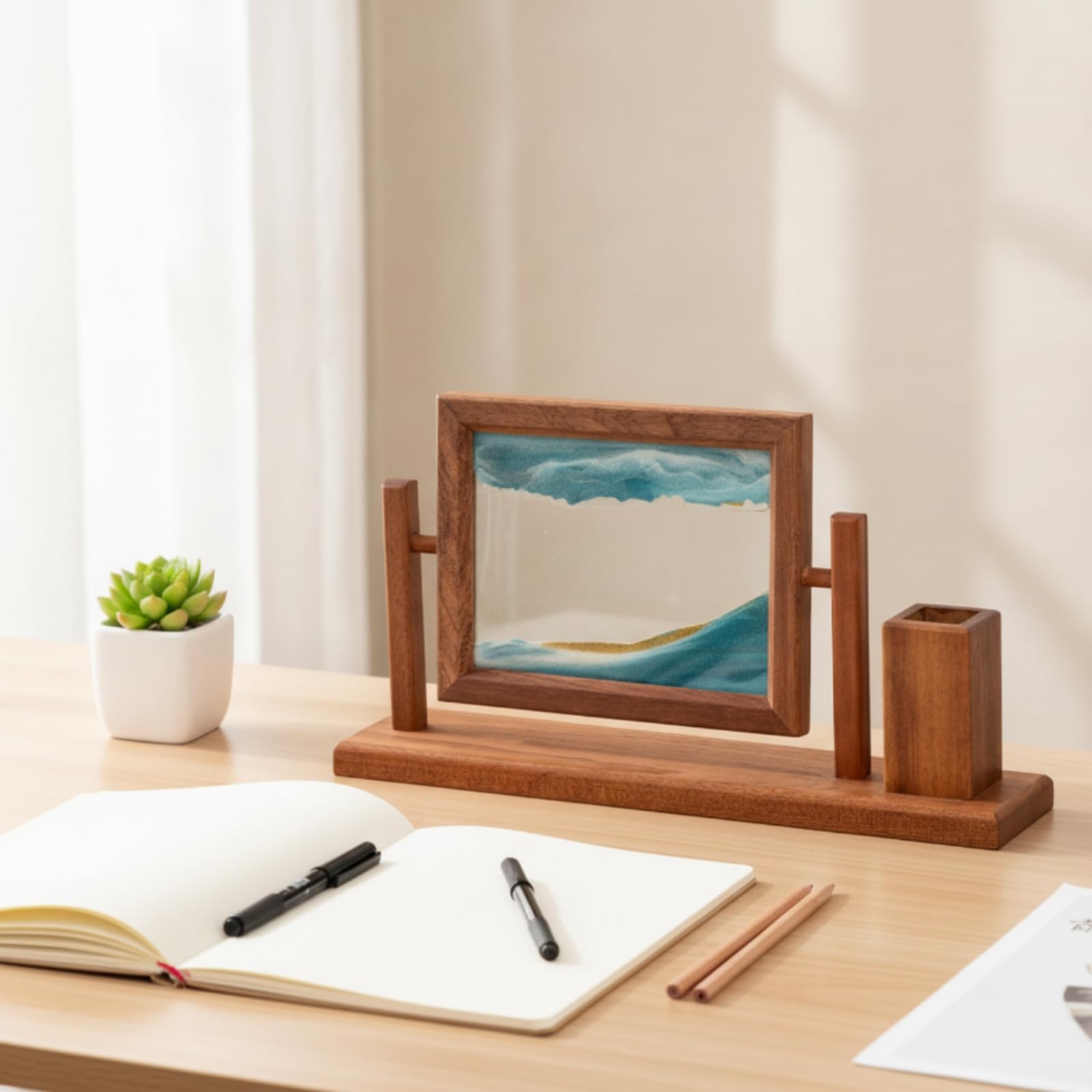 Sandbild mit Stifthalter beruhigend drehbarer Bilderrahmen mit Stiftebecher beweglich drehbares Sandbild für Büroangestellte, Arbeitszimmer, Schwarz, Sand, Tuschelandschaft