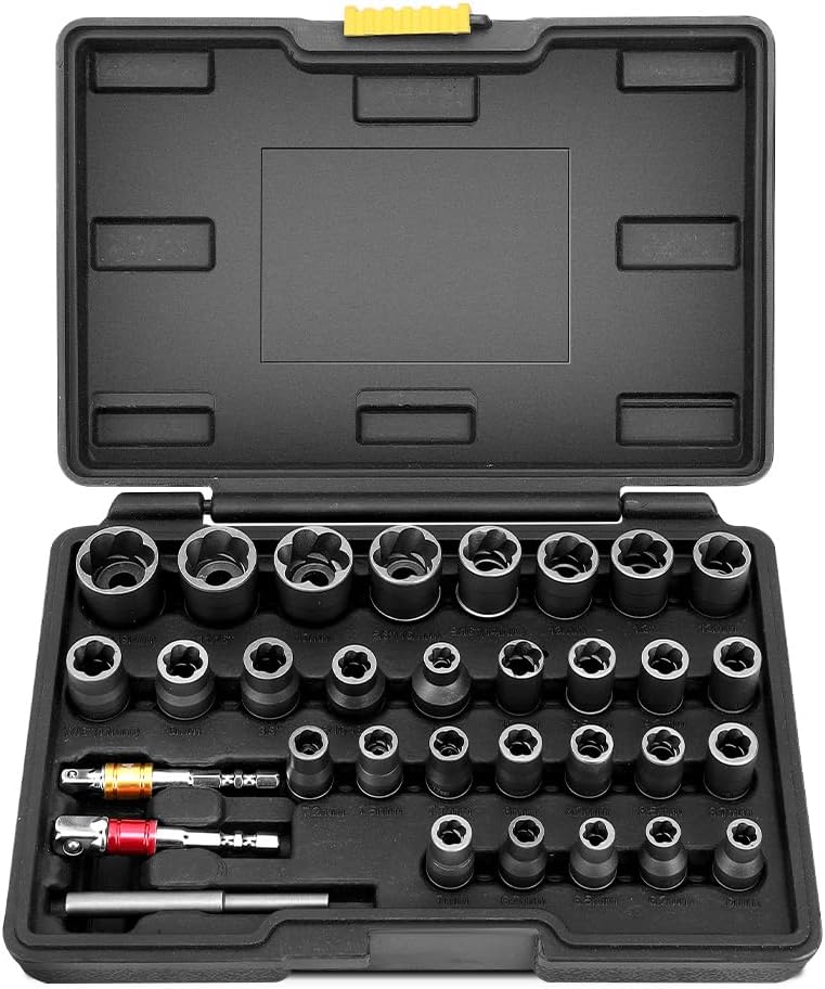 Nut Extractor Set, 32 Pieces Lug Nut Remover Socket Removal Tool with 1/4in 3/8in Adapter and Exhaust Rod for Removing Damaged Frozen Rusted Stripped Bolts Nuts Screws
