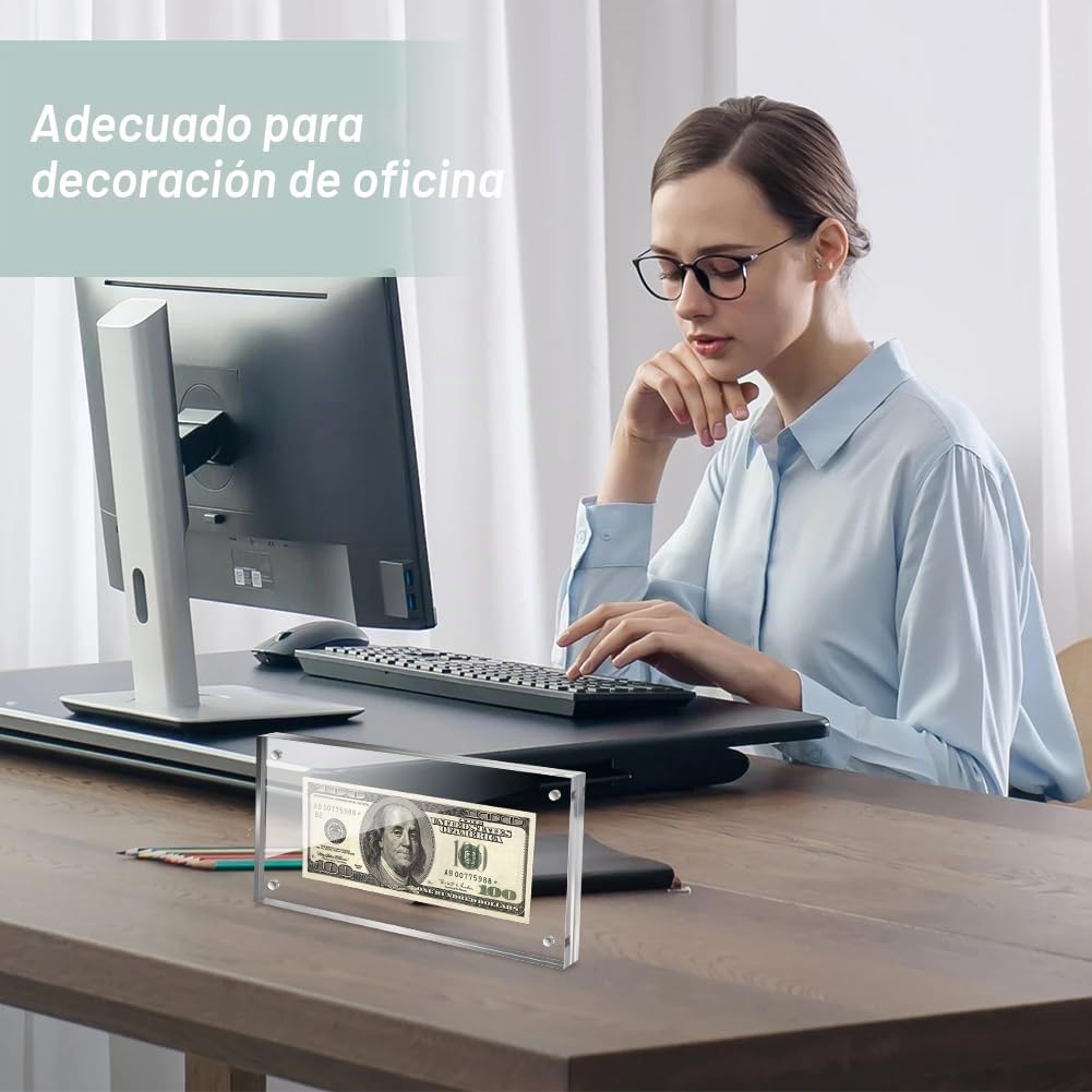 AHANDMAKER Marco de billetes de dólar acrílico autónomo para exhibición de monedas, marco de fotos de licencia comercial de doble cara, 7.9 x 3.9 pulgadas