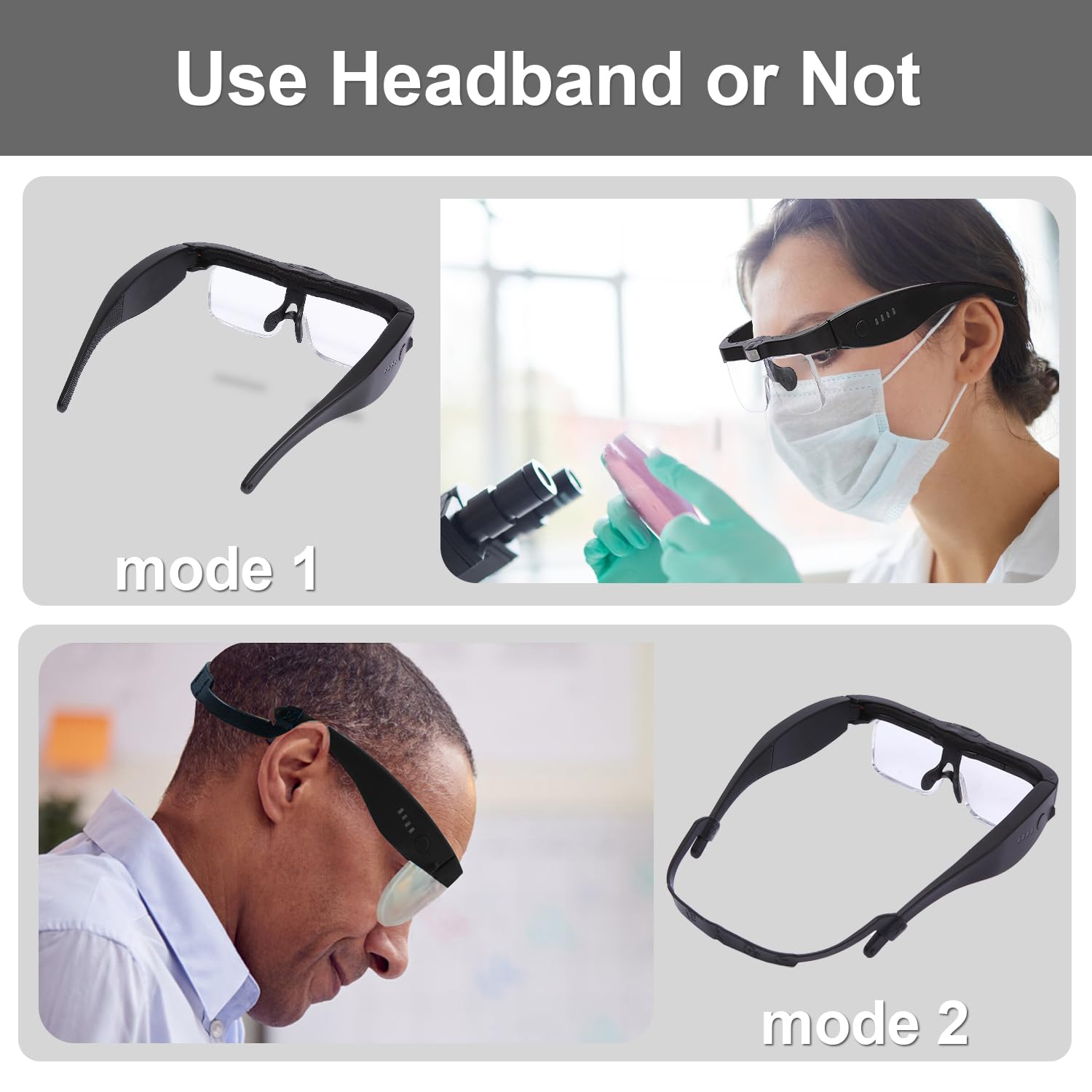 Professionelles Lupen-Headset mit 5 abnehmbaren Linsen, 0,75 x 4,0 x und 3 LED-Leuchten, wiederaufladbar, Freisprech-Kopfbandlupe für enge Arbeit, Schmuck, Handwerk, Hobby
