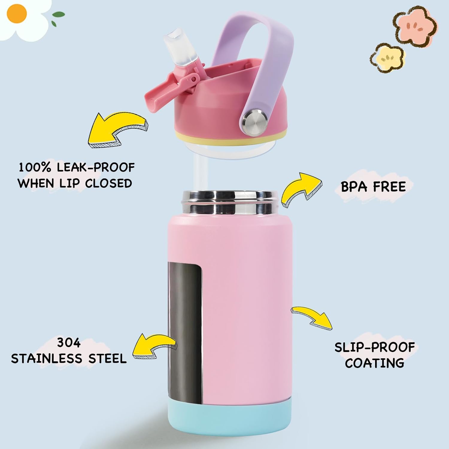 Kerilyn 12oz Insulated Water Bottle, Stainless Steel Insulated Kids Water Bottle, Toddler Cup with Straws Leak-Proof, Kids Water Bottles for School Boys Girls, BPA Free, Charm Pink - Image 2