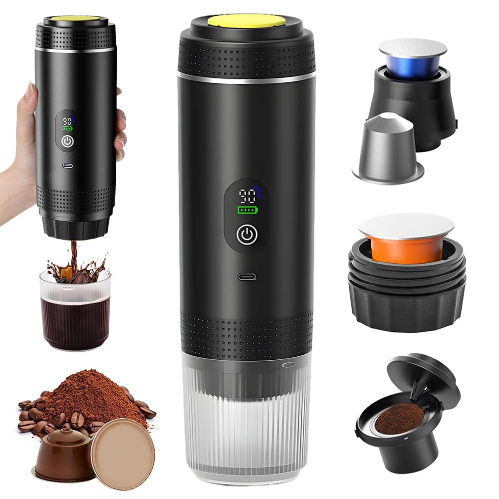 Cafetera Portátil Espresso con Calentamiento Rápido, Cafetera Portátil 3 en 1 con Display de Temperatura y USB-C, Compatible con Cápsulas NS y Café Molido para Viajes Senderismo Oficina Camping