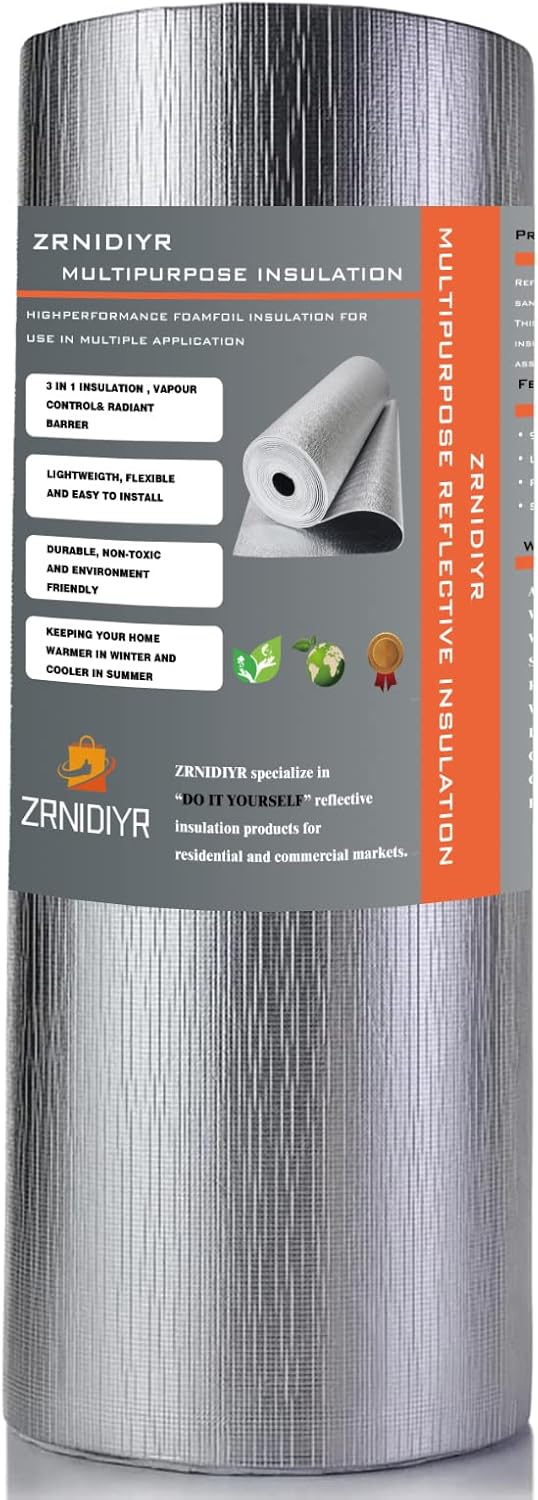 Rollo de aislamiento de lámina reflectante, núcleo de aislamiento de espuma de 0.118 in (16 x 10 pies), lámina de protección térmica de aluminio de