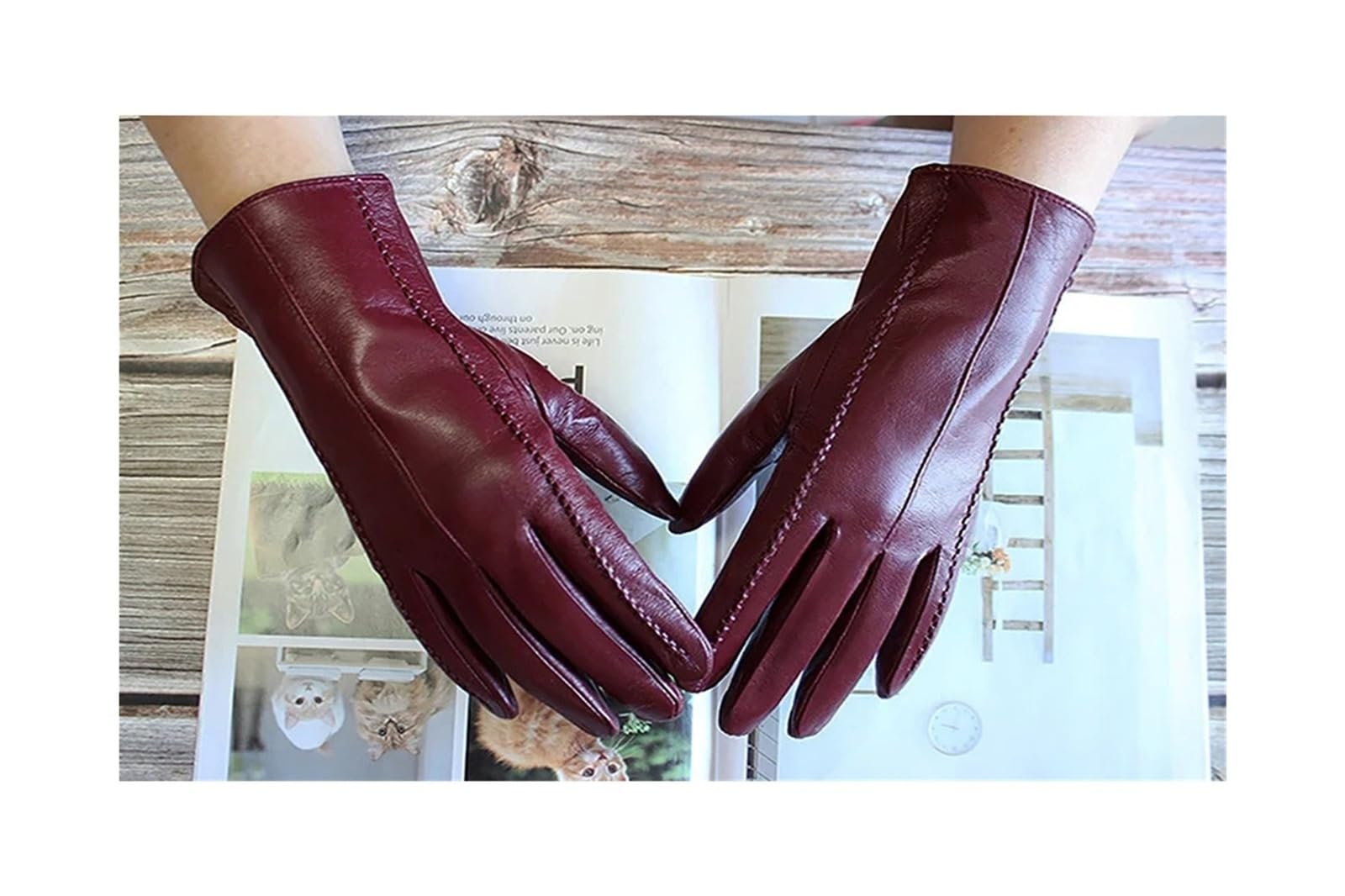 Guanti in pelle di colore caldo da donna, alla moda, a righe, fodera in velluto, per motociclismo e guida