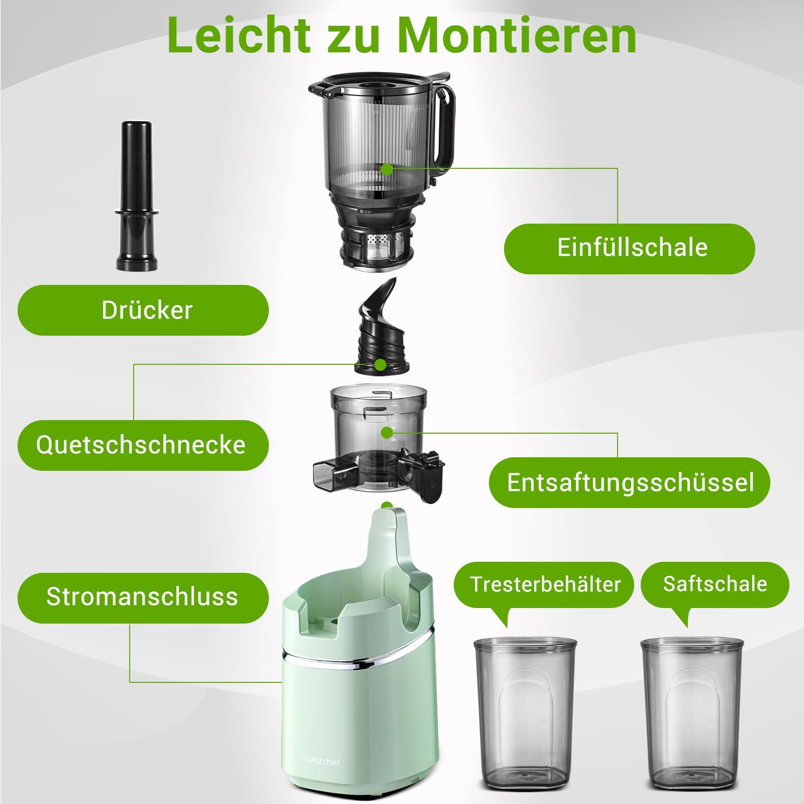 AMZCHEF Extracteur de jus automatique 250W 135mm 1,8L mains libres fruits légumes entiers lent triple filtre Vert