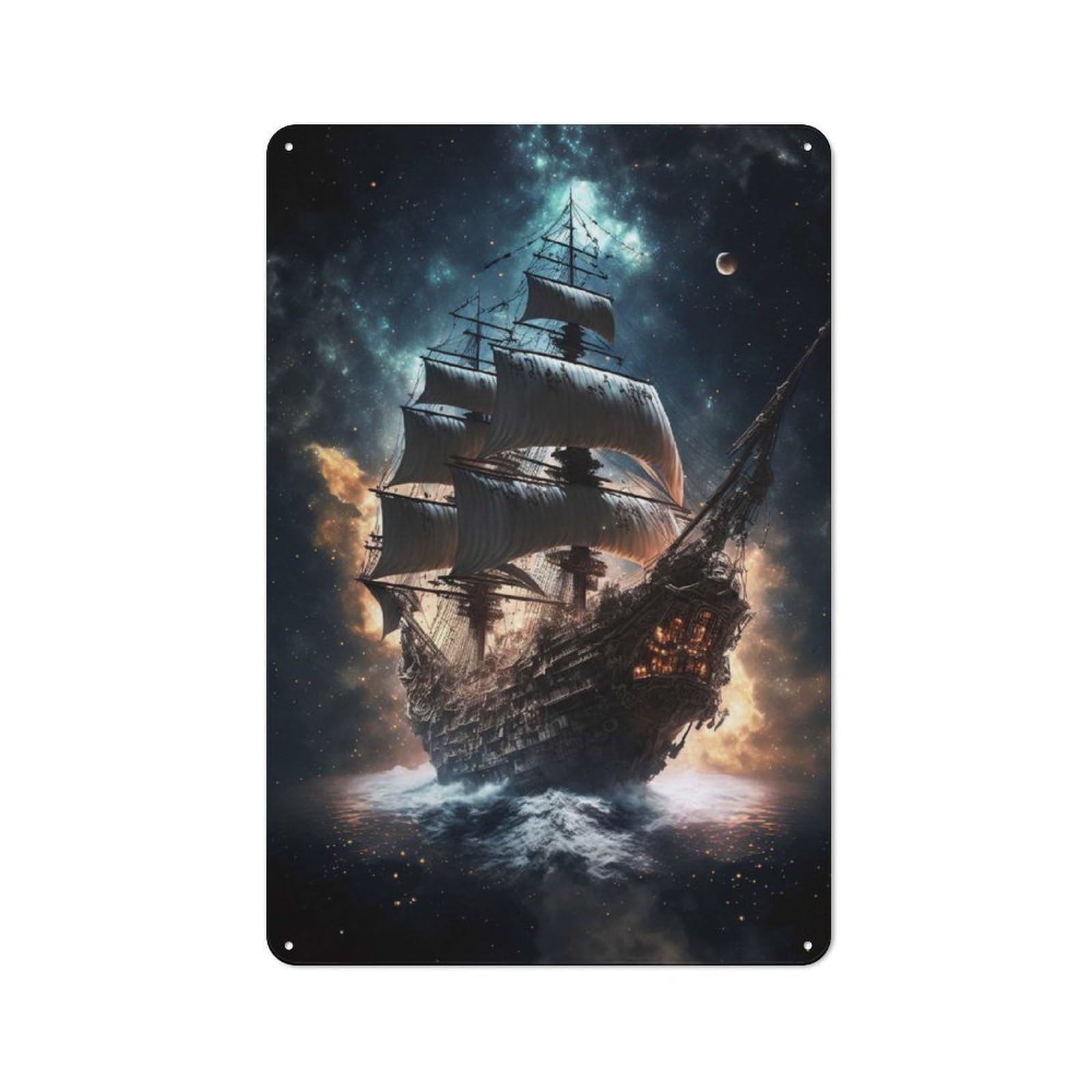 30x20cm Rustic Tin Sign with Pirate Ship In Space for Studio Or Craft Room, Tin Sign Wall Decor for Studios And Craft Rooms