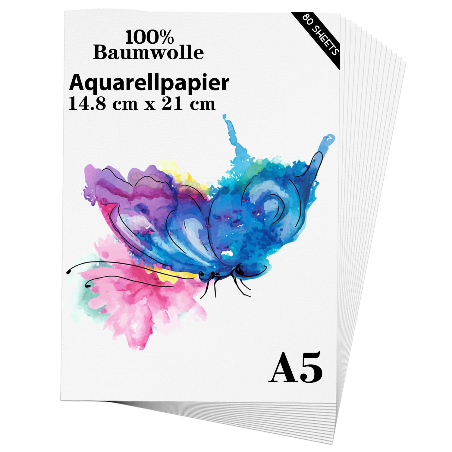 Aquarellpapier, 80 Blatt, schweres 300 g/m², kaltgepresstes natürliches Baumwollpapier für Studenten, Künstler, Aquarellzeichnung