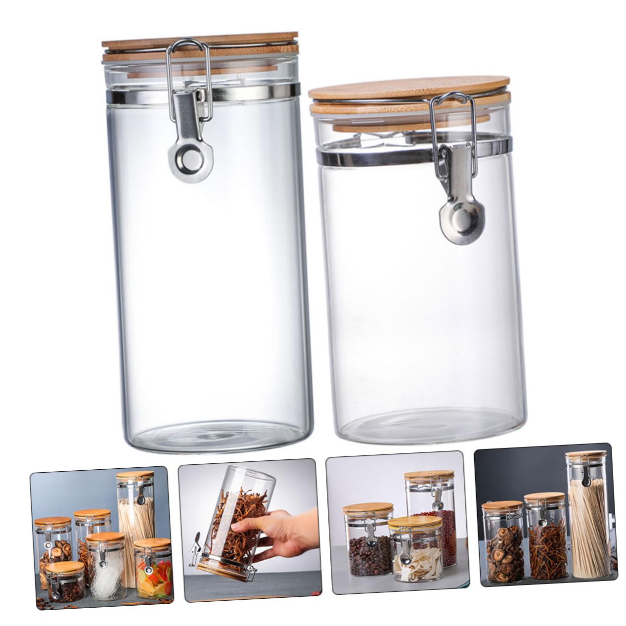 LIFKOME 2stücke Pack Luftdichte Vorratsgläser Haushalt Getreidebehälter Küchenbedarf Tee Süßigkeiten Mehl Getreide Transparenter Deckel Langlebig Holz Edelstahl Glas