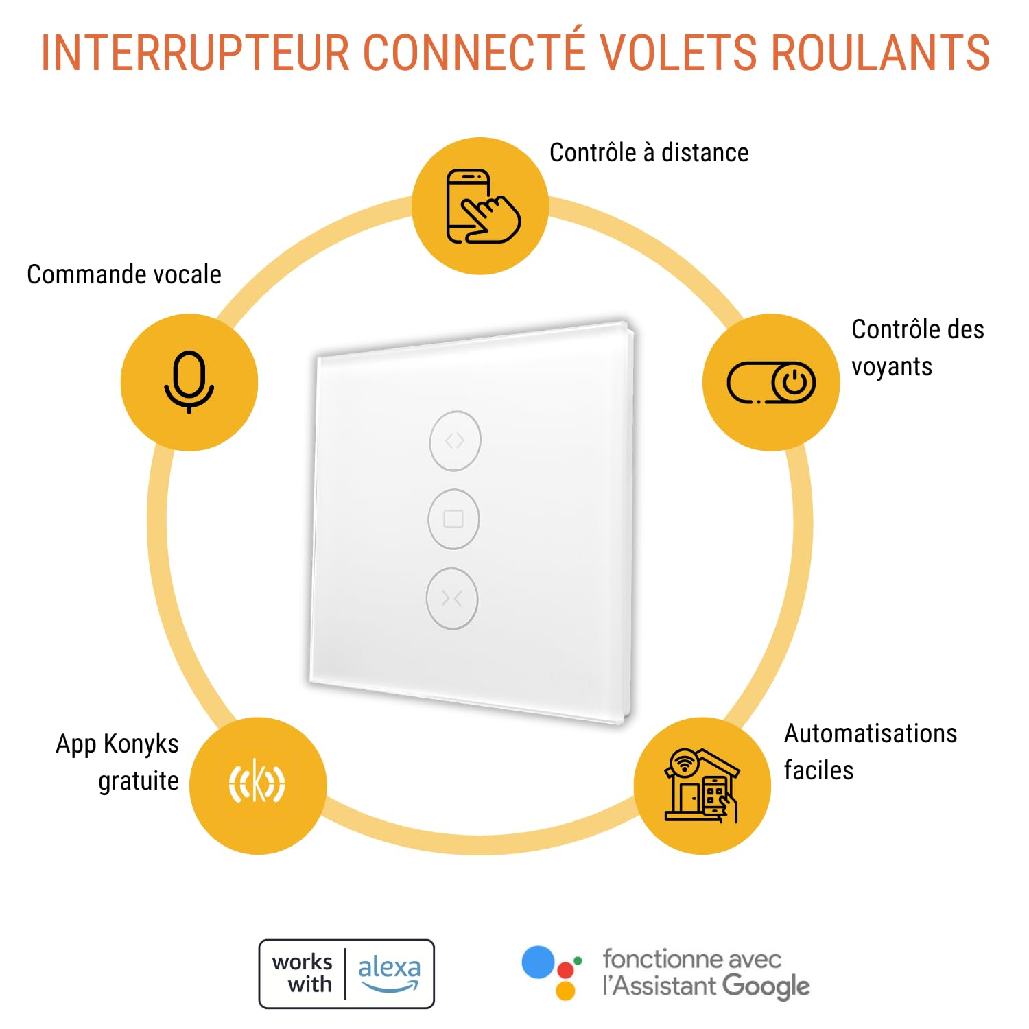 Konyks Vollo Max 3 - Lot de 2 interrupteurs connectés pour volets roulants - Installation facile, contrôle vocal avec Alexa, Google Home et Siri et à distance, programmation horaire,