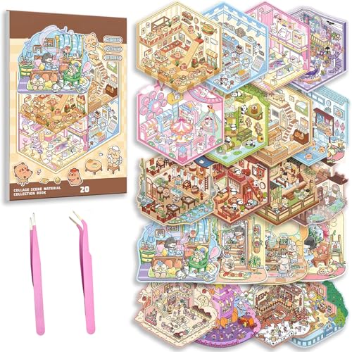 20 Sets DIY 3D House Stickers Kit Non-Toxic & Safe 3D Miniature Scene Therapy for Kids and Adults Stress Relief Sticker Scenes with Tweezers Creative Fun & Reusable DIY Sticker Therapy Kit for age 3+