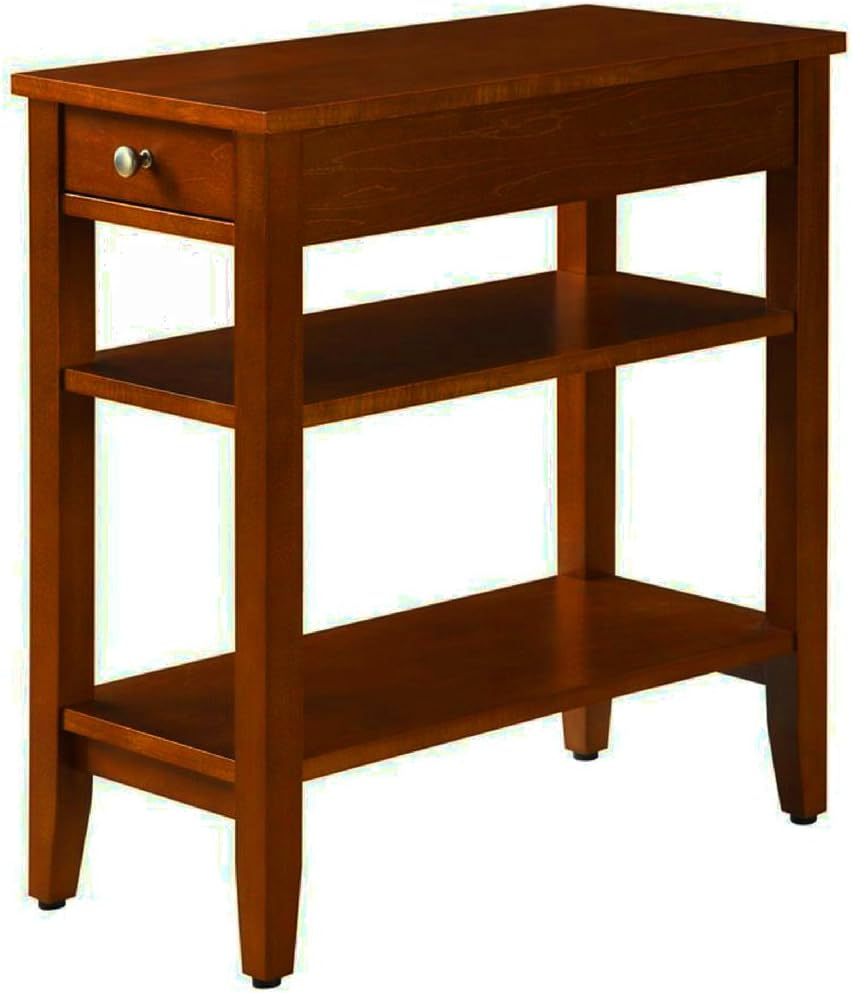 Narrow End Table for Small Places with Drawer and 2 Shelves Wooden Cherry Brown Small Classic Modern Tiered Chairside Sofa Couch Side Table for Living Room eBook by Easy&FunDeals