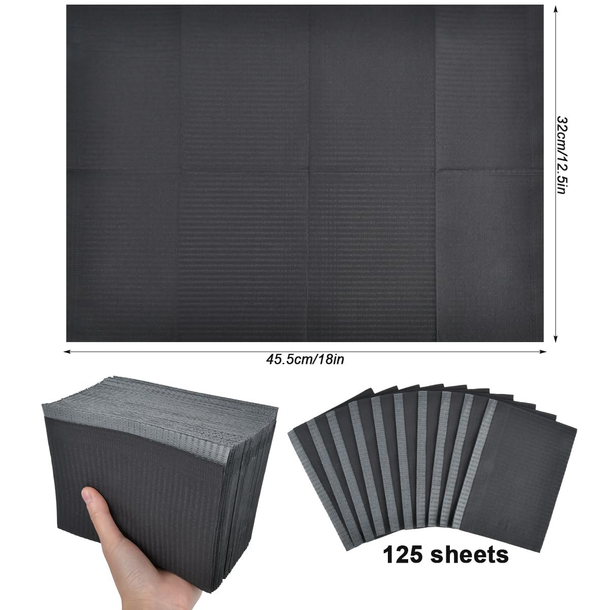 Schwarze Dental Lätzchen, 125 Stück Zahnärztliche Lätzchen Einweg 33cmx45cm, Einweg Tattoo Lätzchen Blatt 3 Lagen Wasserdichte Tattoo-Matte Tattoo Unterlagen für Krankenhäuser, Praxen, Tattoo Studios