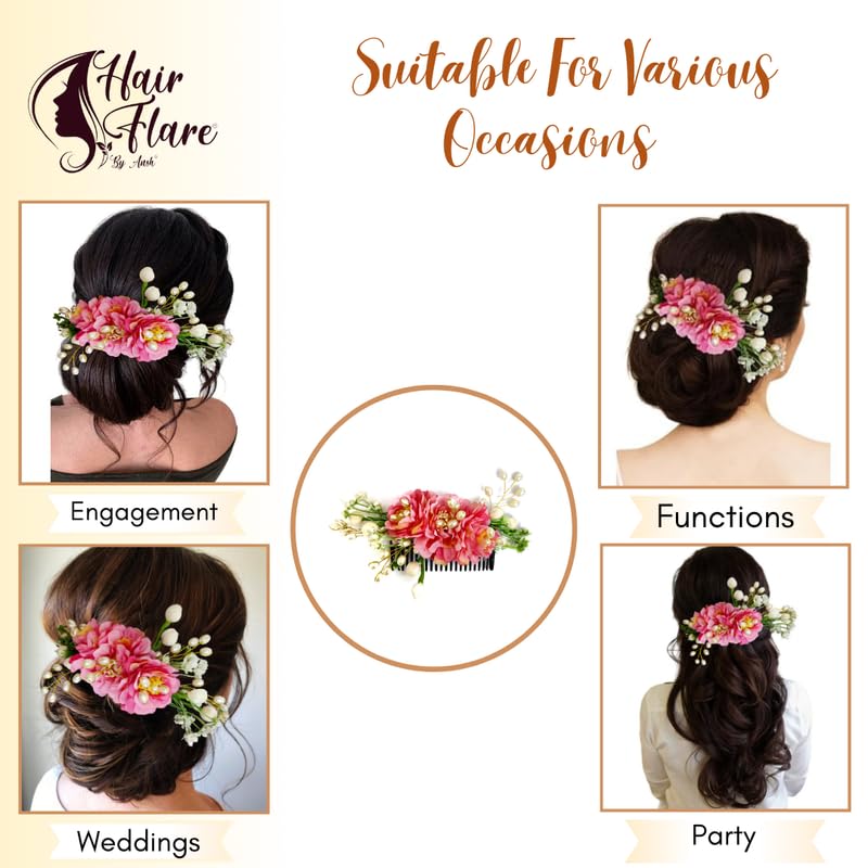 Image of Hair Flare Comb Slide for Women, Girls Artificial Flower Hair Accessories, Bridal Hair Pin for Bun, 2215 - Baby Pink