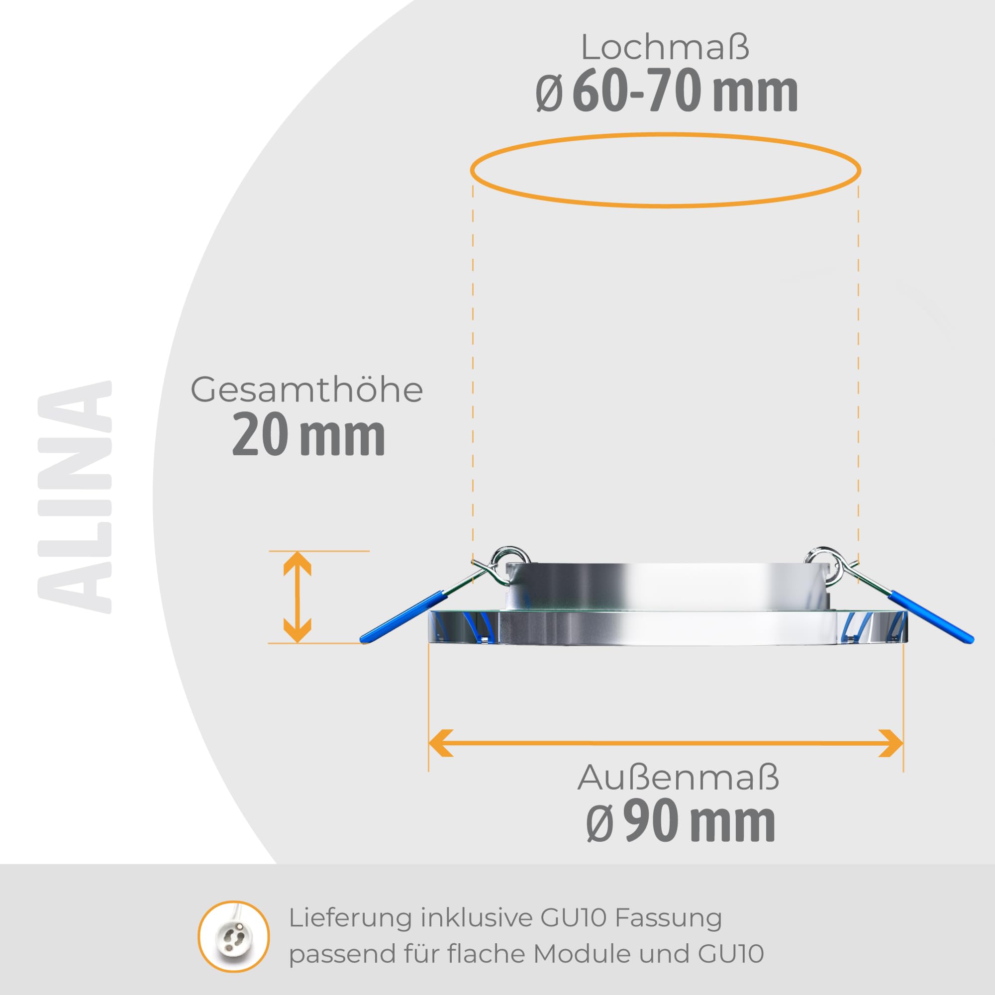 SSC-LUXon Reflektor sufitowy GU10 z okrągłego szkła, zestaw 6 reflektorów sufitowych GU10, kompatybilny z modułem LED, cięcie 60-70 mm, salon i biuro