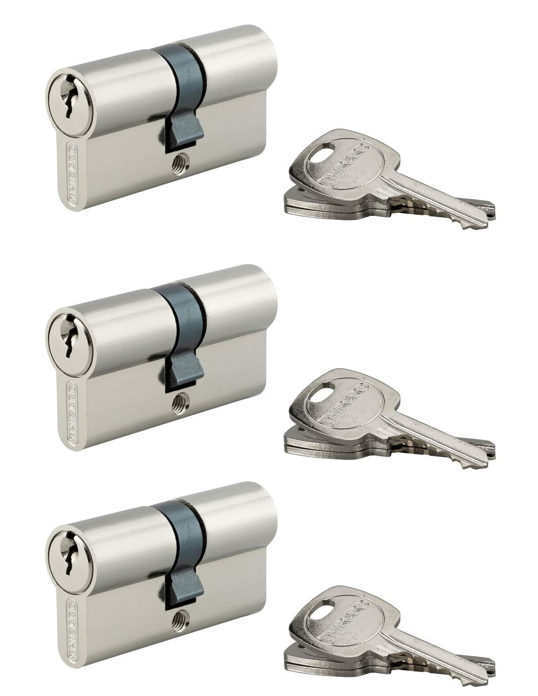 THIRARD, Lot de 3 Cylindres de Serrure Double Entrée, 30x30 mm, Nickel | S'entrouvrant, 3 clés par cylindre incluses, finition nickelée, mécanisme à goupilles, installation standard facile