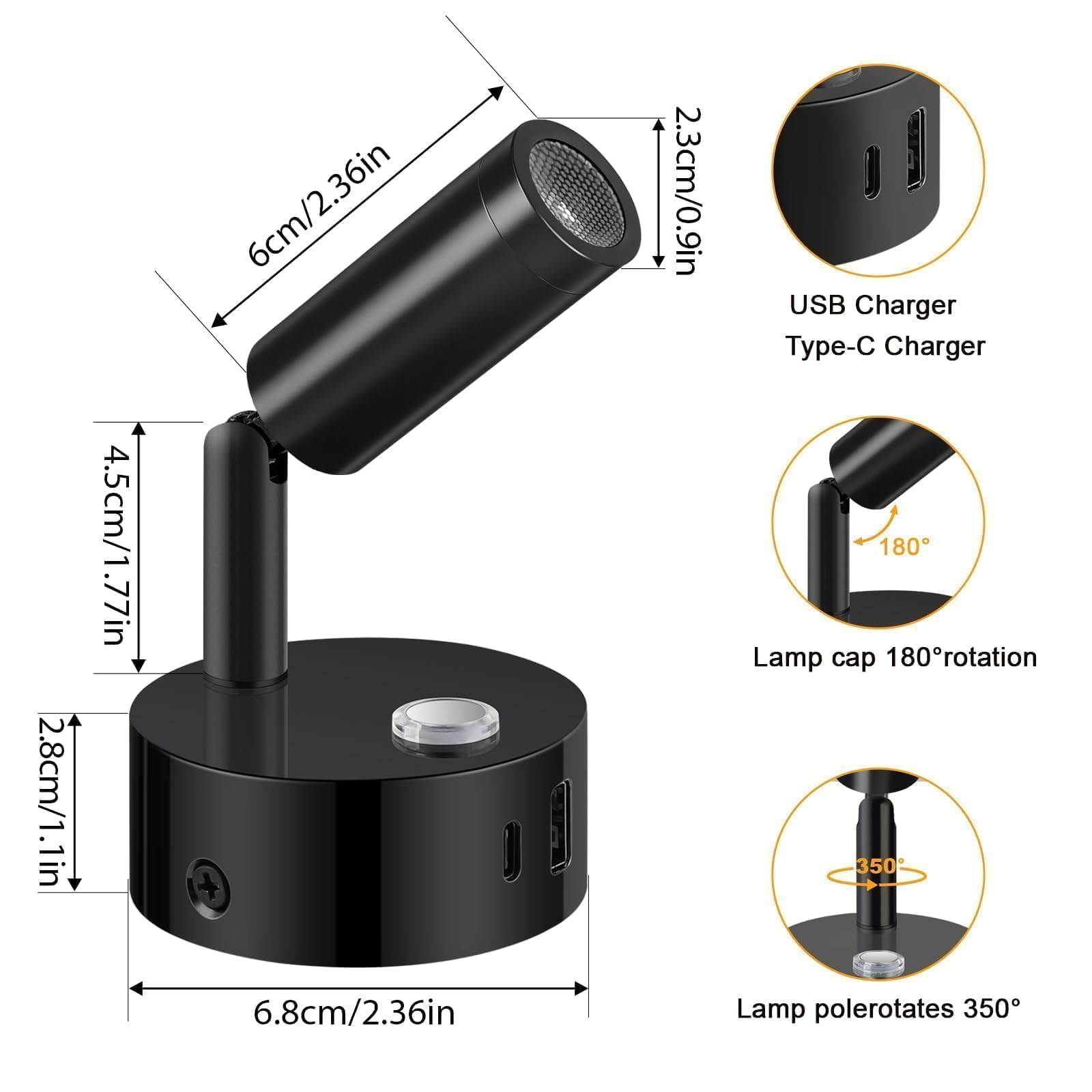ERWEY Lampa do czytania, ścienna LED ze ściemniaczem dotykowym 3000K-6000K, reflektor DC 12V-24V z interfejsem USB A + C, czarny