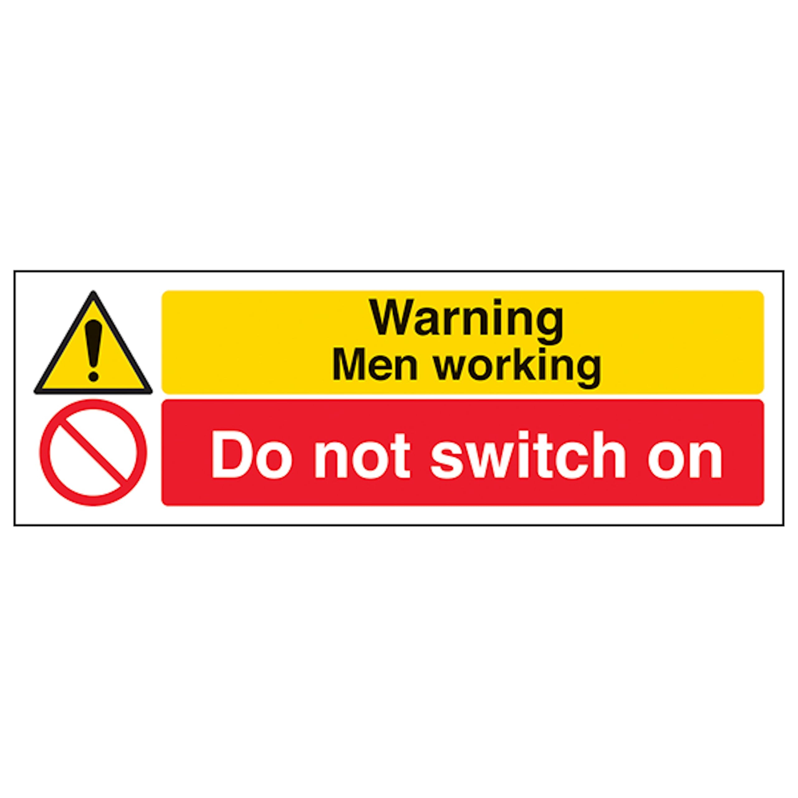 V Safety Warning Men Do Not Switch On - Landscape 300 x 100 mm - Glow In The Dark 1mm Rigid Plastic Safety Sign