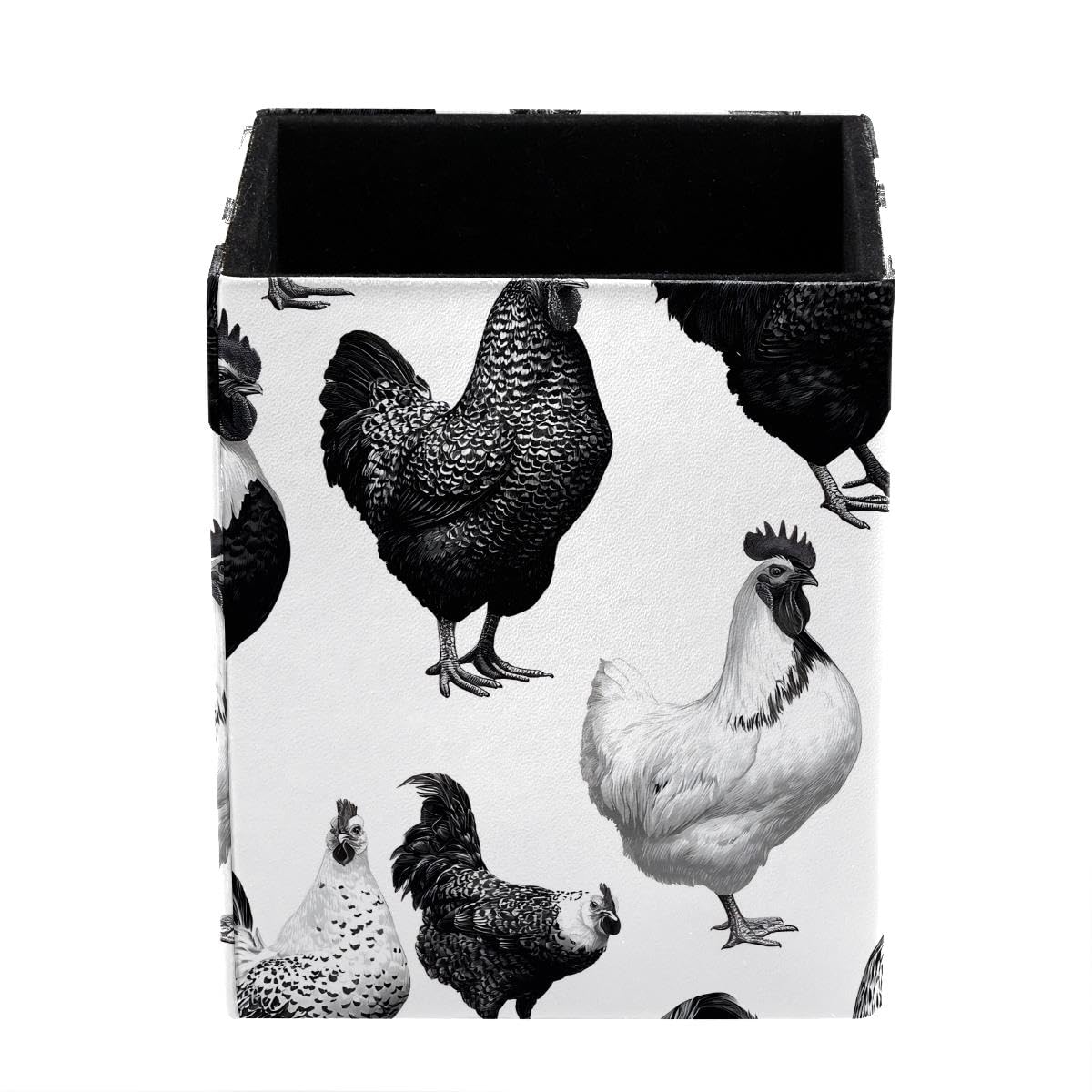 Rooster Hen Pen Holder Pen Pot, Square Pencil Cup for Desk