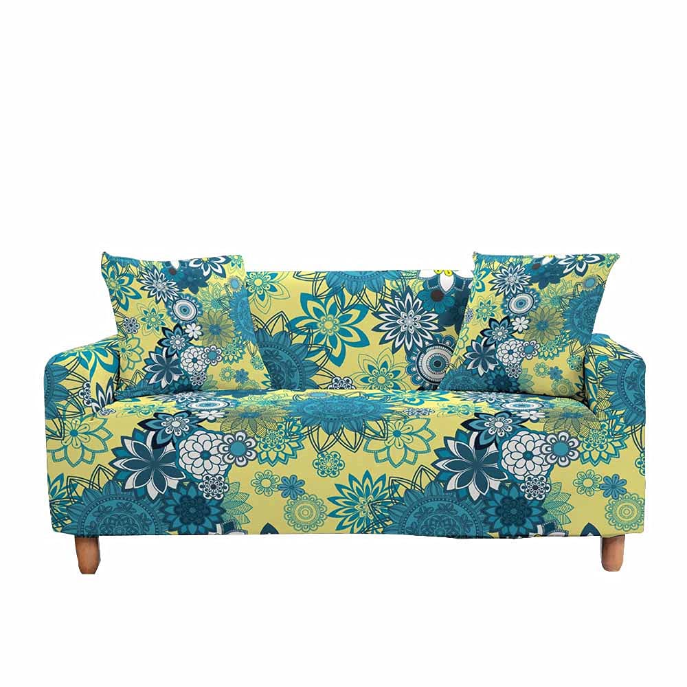 Fansu Yellow Sofa Cover Slipcover Stretch Furniture Cover 3D Mandala Floral Printed Universal Settee Couch Cover Home Decor, Non Slip Soft Removable Washable Pet Protector (,3 Seater(190-230Cm))