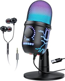 USB Microphone for PC, Mac, PS4, PS5, RGB Computer Microphone with Monitor, Mute and Noise Reduction, Great for Recording, Streaming, Gaming, Podcasting
