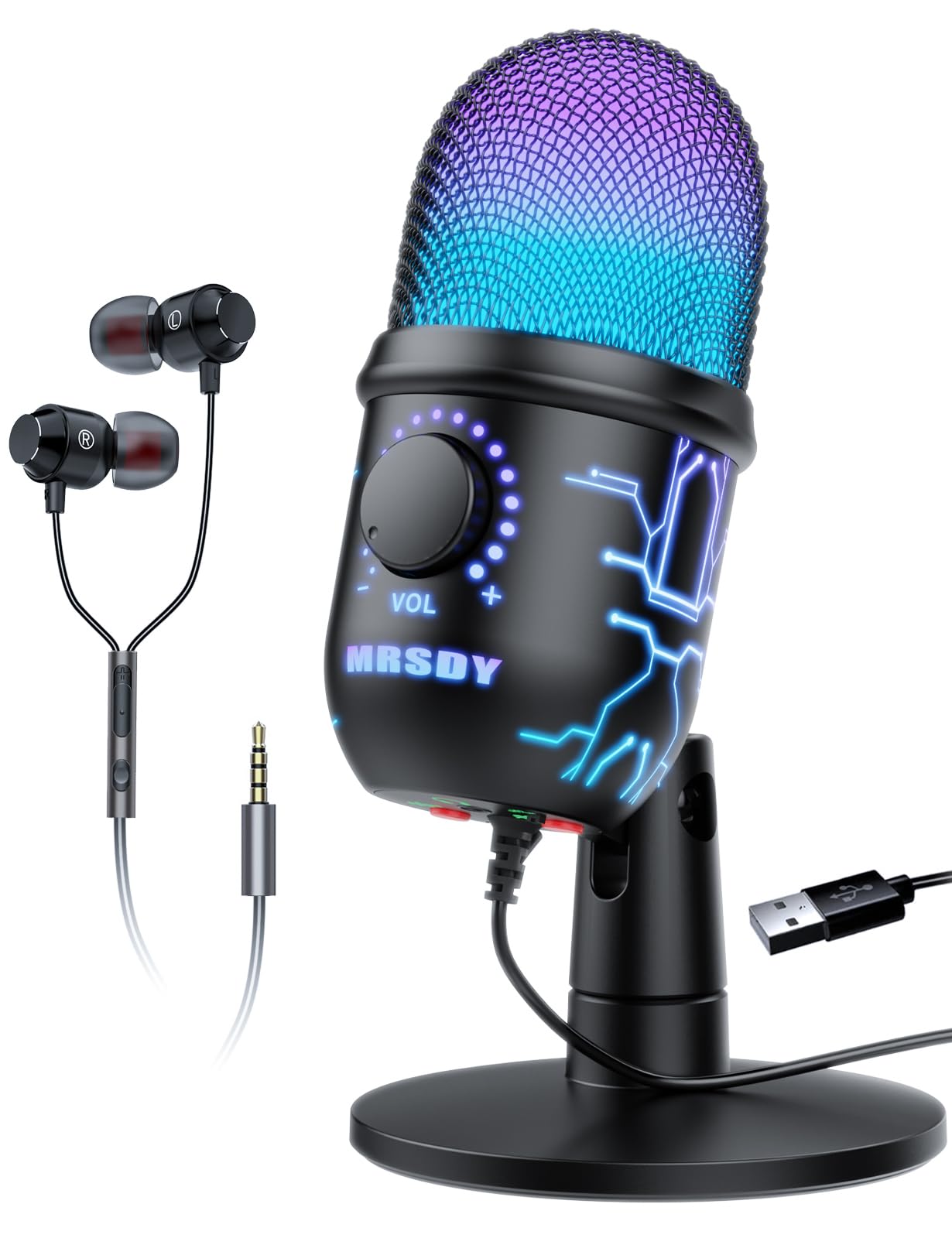 USB Microphone for PC, Mac, PS4, PS5, RGB Computer Microphone with Monitor, Mute and Noise Reduction, Great for Recording, Streaming, Gaming, Podcasting