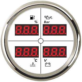 ELING 52mm 4in1 Multi-Functional Gauge Fuel Level 0-100% Oil Pressure 40-120C Digital Water Temperature Gauge Voltmeter 12Volt 24Volt with 8 Colors Backlights Waterproof