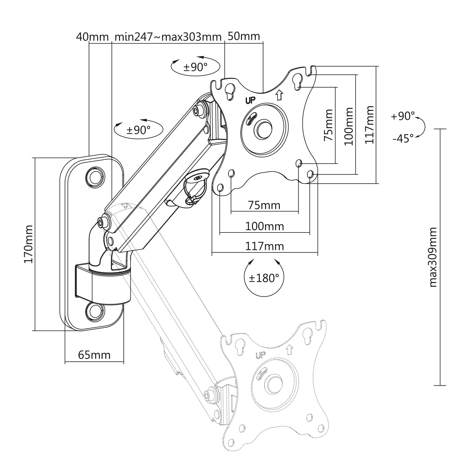 Supporto a parete per monitor Maclean, 17-27'', 7 kg max, molla a gas, MC-458