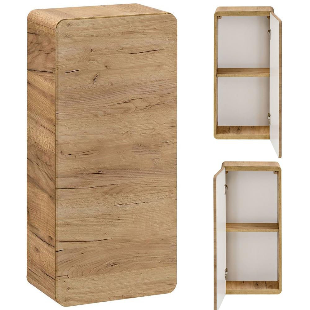 Lomadox Badezimmermöbel Set Eiche, Keramik Waschtisch mit Unterschrank, Spiegelschrank mit LED-Beleuchtung, Hochschrank mit Wäschesammler, Hänegschrank, Unterschrank