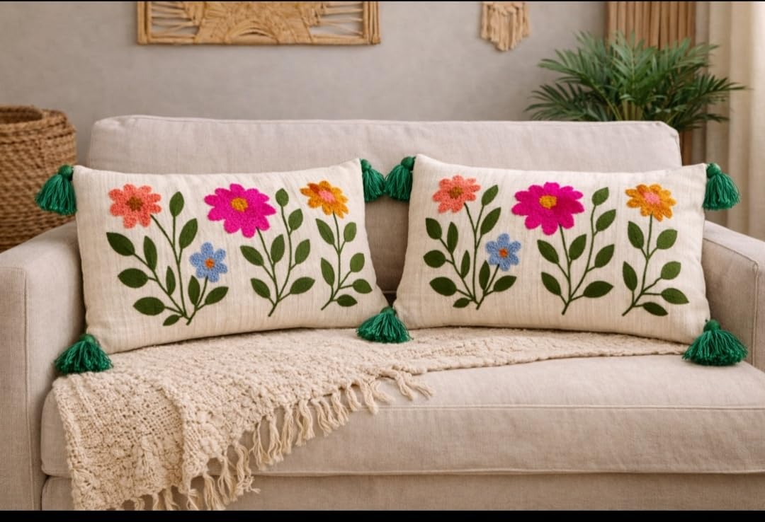 Flowered Handloom Beige & Green Cotton Cushion Cover with Tassel | Sofa, Diwan, Bedroom, Living Room | Rectangle Throw Pillow/Long Cushion Covers (12X20 Inch | 50CmX30Cm) Pack of 2 Pieces-image-47
