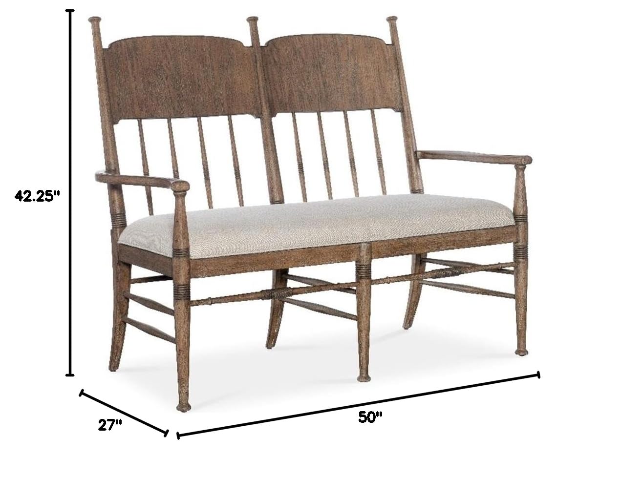 BOWERY HILL Modern Wood Dining Bench, Beige Fabric Seat with Welt Trim, Spindle Back Design, Honey Distressed Oak Finish, 50 in Width, Versatile Kitchen or Dining Room Seating.