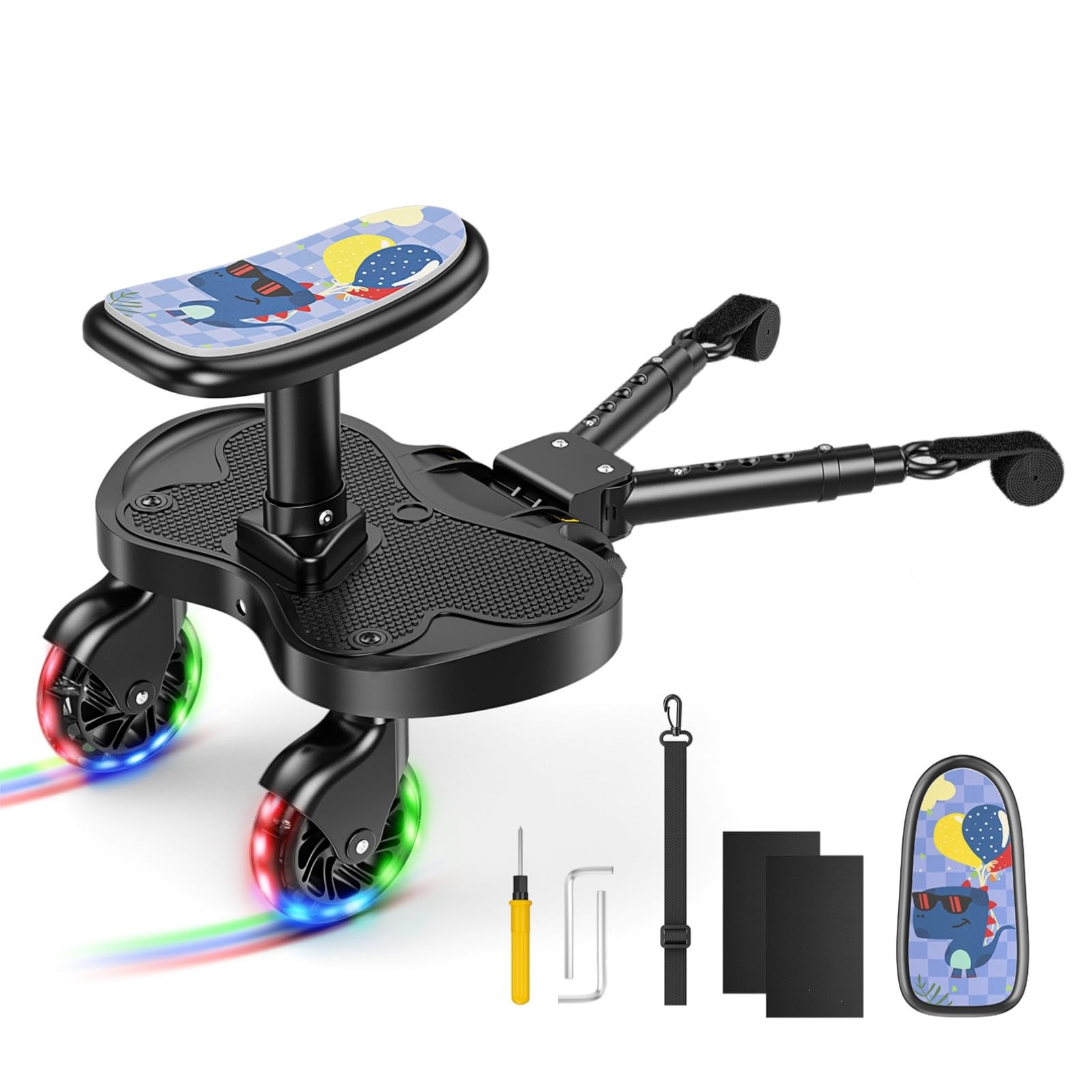 Buggy Board mit LED-Rädern, Trittbrett für Kinderwagen Universal mit Dinositz Sitz, Kiddy Board für Kinder von 2 bis 6 Jahren, Kompatibel mit 99% Aller Kinderwagen, Bearing 25KG