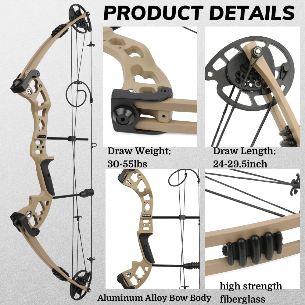 Arco compound da 30-55 libbre con carrucola regolabile per tiro con l'arco, riser in lega metallica ad alta resistenza, velocità della freccia 310 fps, set di accessori per tiro all'aperto e ca