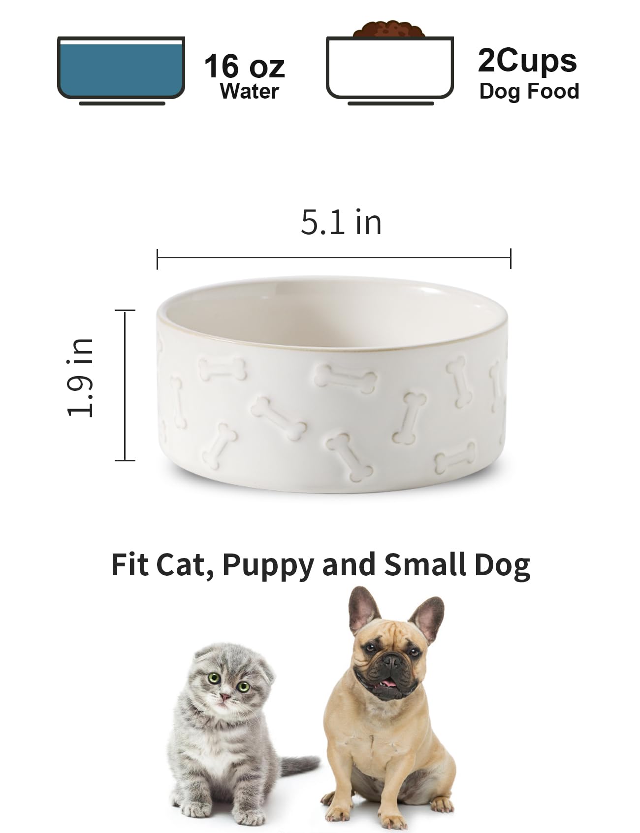 UBEE Ceramic Dog Bowl Set of 2, 5.1 inch Dog Food Bowl Dish with Bone or Paw Pattern, Pet Food Water Dish Feeding for Small Dogs and Large Cat, White