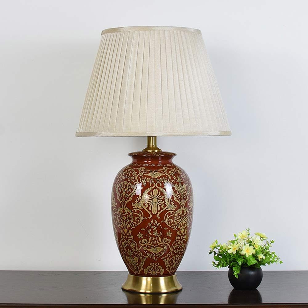 Czerwona Ceramiczna Lampa Stołowa W Stylu Amerykańskim Vintage, Kwiatowa Lampka Nocna, 26 Cali, Biurko, Lampka Do Czytania, Metalowa Podstawa, Dekoracja Sypialni, Salonu,