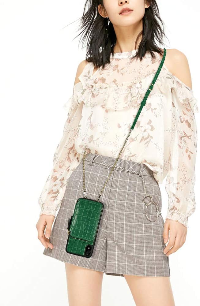 Greatest Product iPhone XR Wallet Case, ZVE iPhone XR Zipper Case with Credit Card Holder Slot Crossbody Chain Strap Purse Shockproof Protective Crocodile Grain Leather Case Cover for Apple iPhone XR, 6.1 inch - Green