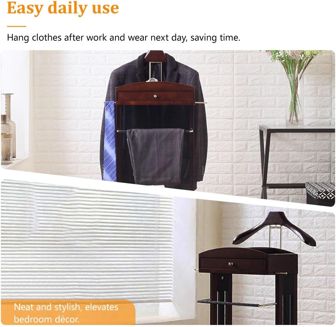 Wood Mens Valet Stand with Top Tray & Drawer, Suit Hanger Butler Clothing Racks with Base, Trouser Rod ＆ Tie Rack, Bottom Shoe Rack for Living Room, Bedroom, Office