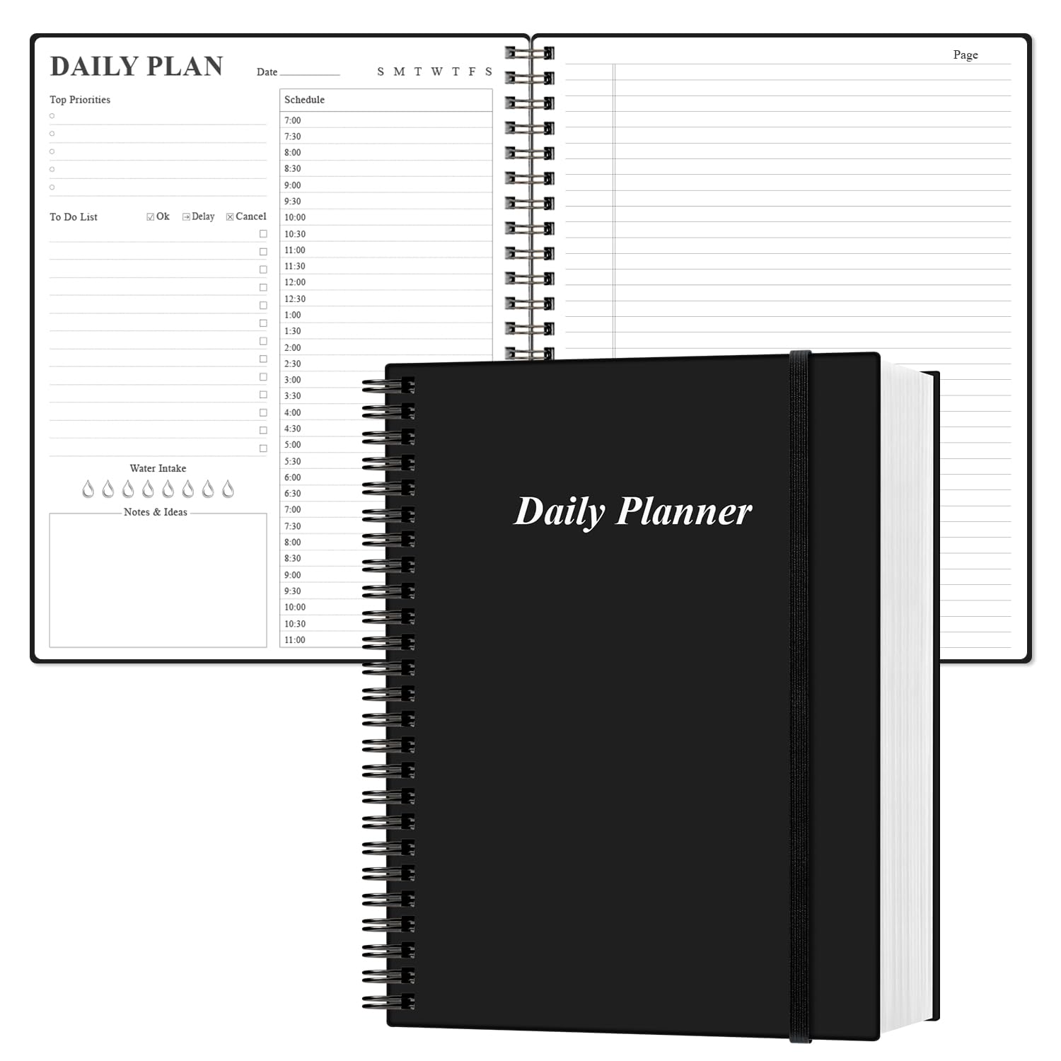 Daily Planner Undated - A4 To Do List Notebook Hourly Schedules, Spiral Appointment Planner for Women and Men,PVC Hardcover, Inner Pocket, Elastic