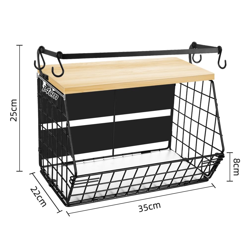LANTUS - Cesta de frutas colgante, cesta de frutas de pared, cesta de frutas de pared, para cocina, con tapa de madera, para almacenamiento de frutas y verduras, 35 x 17 x 29,5 cm (dos) negro