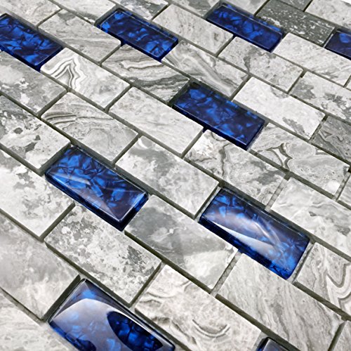 Hominter 5-Sheets Navy Blue Glass Mosaic Tile Rectangle, Gray Natural Marble 1 x 2 Subway Mini Brick, Wall and Floor Tiles in Bathroom and Kitchen Backsplash NB03