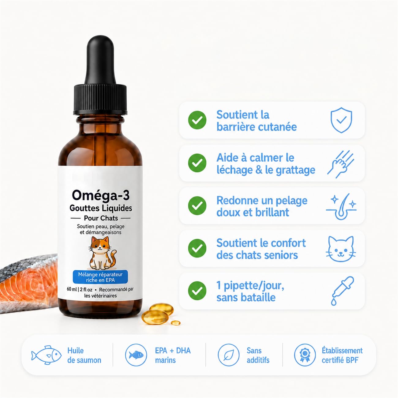 Gouttes d'Oméga-3 pour Chats – Huile de Saumon Purifiée avec EPA & DHA + Vitamine E | Complément Naturel Anti-Démangeaisons, Pelage Brillant & Peau Saine | Facile à Administrer