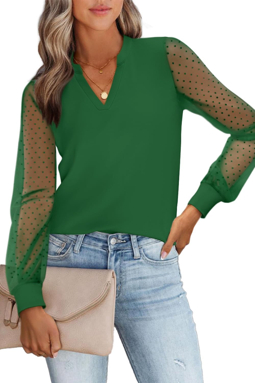 Women's Mesh Long Sleeve Shirts Dressy Casual V Neck Blouses Business Work Tops Green Medium