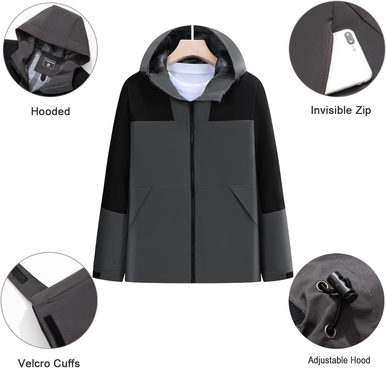 Men's Hooded shell Jacket,Lightweight Breathable Waterproof Windbreaker trench raincoat - Image 5